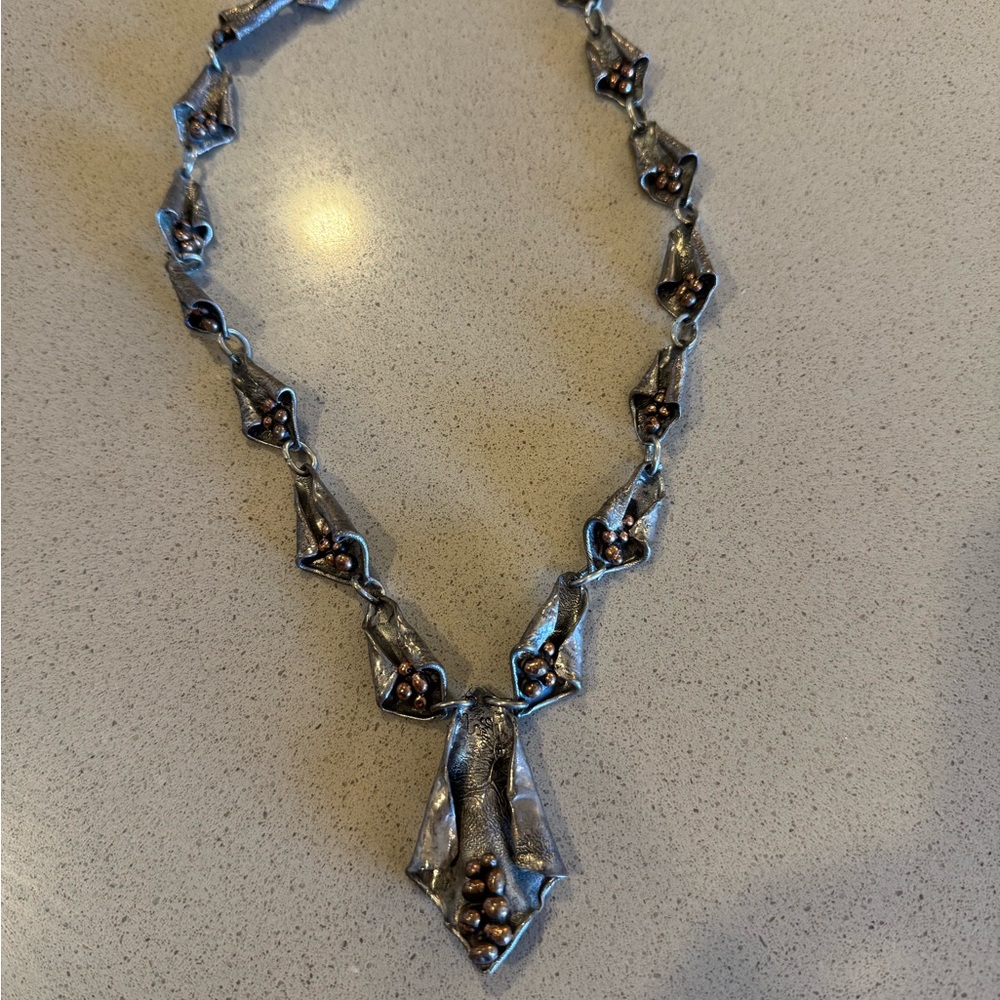 Handmade Intricate Silver and Copper Necklace with Ornate Pendant